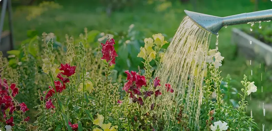 Watering can watering flowers in a garden